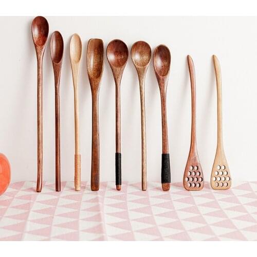 Wooden Long Handle Spoon Coffee Tea Stirring Spoons Dessert Honey Soup Cutlery Japanese Style Kitchen Tools Tableware Dinnerware