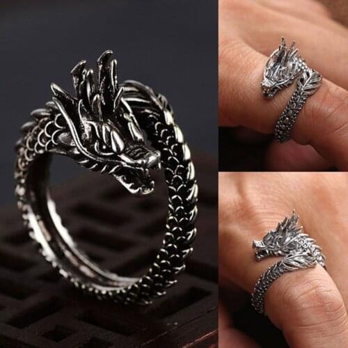 Vintage Ancient Silver Color Cool Dragon Open Rings for Women Men Punk Hip Hop Adjustable Ring Fashion Jewelry Best Gift Unisex