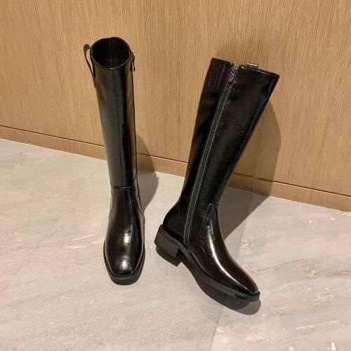 MEZEREON Cow Leather Motorcycle Boots Square Toe Fashion Riding Equestrian Boots Med Heel 4 CM Warm Winter Shoes With Zip