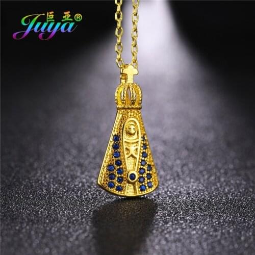 Juya Gold Religious Christian Jewelry Supplies Virgin Mary Saint Jesus Crown Cross Charm Pendant Necklace For Women Men