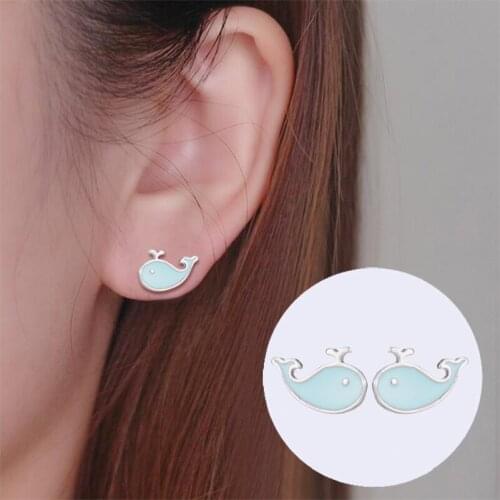 Oly2u Charm Enameled Water Spray Blue Whale Shaped Stud Earrings for Women Girls Oorbellen Pendientes