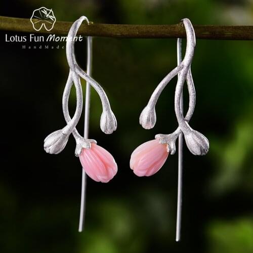 Lotus Fun Moment Jasmine Flower and Bud Natural Shell Dangle Earrings Real 925 Sterling Silver Creative Fine Jewelry for Women