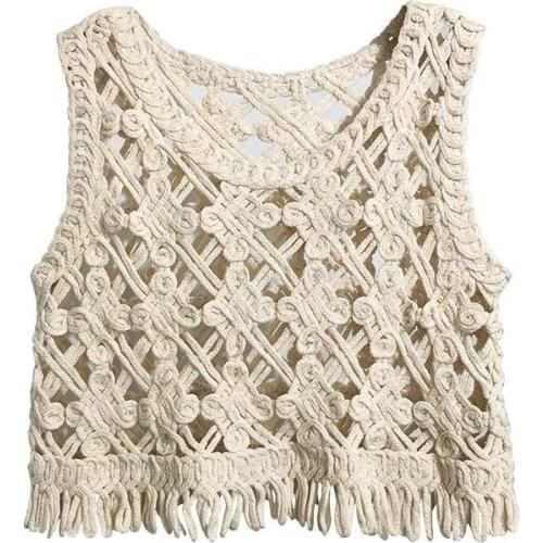 New Sexy Short Fringed Sleeveless Solid Color Vest Outerwear Women Korean Summer Women Bohemian Crochet Hollow Knit Apricot Vest