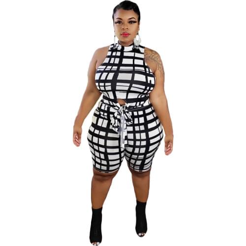 XL-5XL plus size 2 piece set women clothing summer fashion casual Plaid printing sleeveless shorts set Wholesale dropshopping