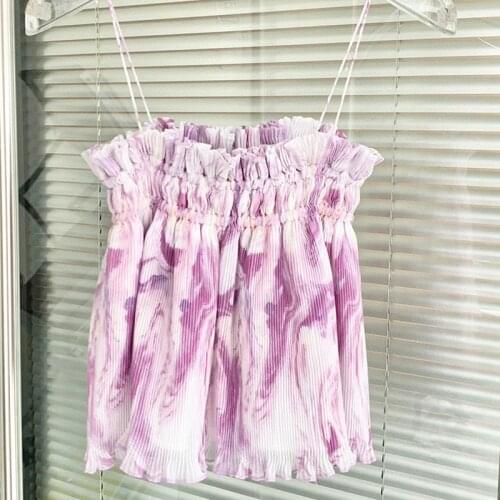 Women Tops 2021 The New Summer Purple Swirl Print Flower and Wood Ear Draw Rope Pressure Pleated Halter Belt