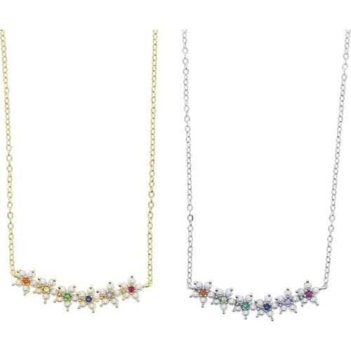 Gold color micro pave colorful rainbow cubic zirconia cz pearl beaded flower charm cute lovely delicate dainty cz women necklace