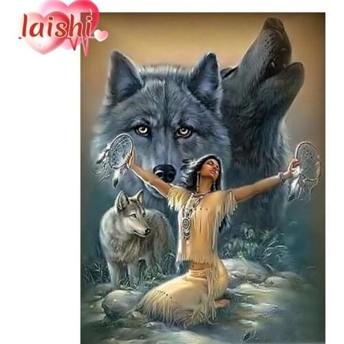 5D Diy round diamond painting Wolf girl kit animal cross stitch mosaic diamond embroidery home decoration new year gift pictures