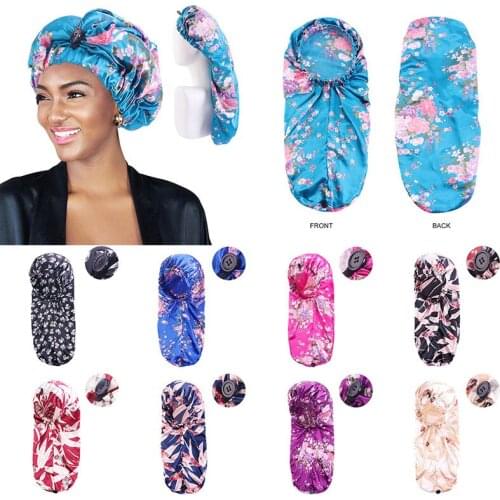 Satin Floral Print Sleep Cap Silk Soft Elastic Long Bonnet for Hair Care Natural Curly Cover Women Shower Cap Treatment Nightcap