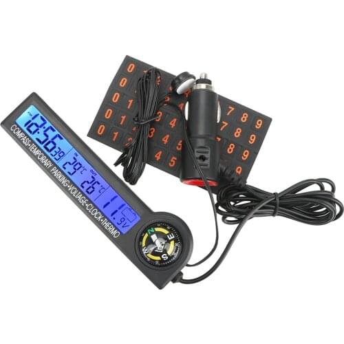 Car Temporary parking card Compass Thermometer Multi-Function LCD Display Screen 5 in 1 Clock Calendar Voltage Tester