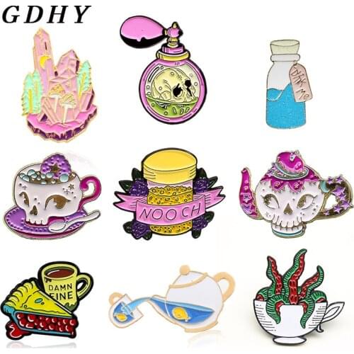 GDHY Enamel Pins Tea Cup Teapot teacup Brooches Coffee Perfume poison pie Drink me, Its tea time Bitches Brooch Lapel Pin Badge