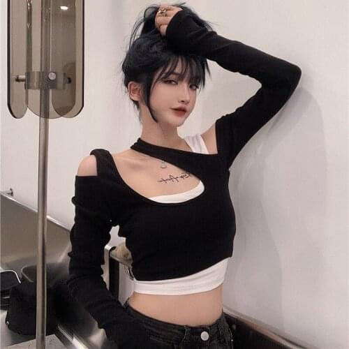 Fake 2 Pieces Cotton Femme T shirt Women Autumn Sexy Casual Crop Top T-Shirt Ladies Fashion Basic Long sleeve Tee