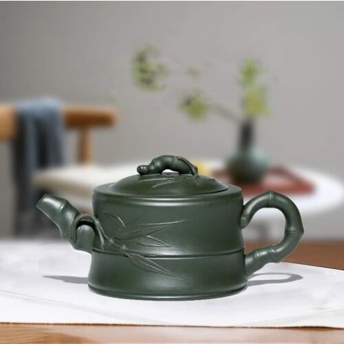 Yixing genuine purple clay pot，Handmade original ore green clay applique creative bamboo teapot Chinese Kung Fu tea set supplies