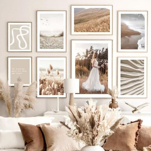 Vast Fields Reed Soft Beach Grass Sand Sunrise Wall Art Canvas Painting Woman Pictures Nordic Poster For Living Room Decoration