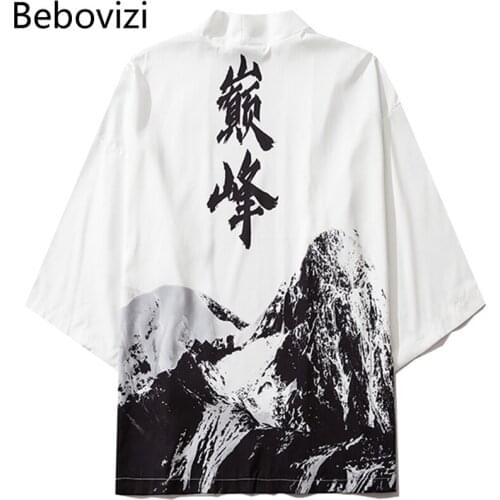 Bebovizi Chinese Style White Jacket Japanese Cardigan Kimono Men Women Summer Haori Streetwear Shirt Peak Print Haori Yukata
