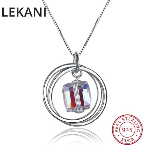 LEKANI Trendy Circles Cube Crystals From SWAROVSKI Pendants Necklaces Magic Maxi Collier Real 925 Sterling Silver Jewelry Women