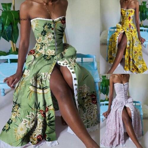 Summer Floral Print Dress Women Sexy Strapless High Waist Elegant Party Dresses Bandeau Lace Trim Button Maxi Dress Chic Dress