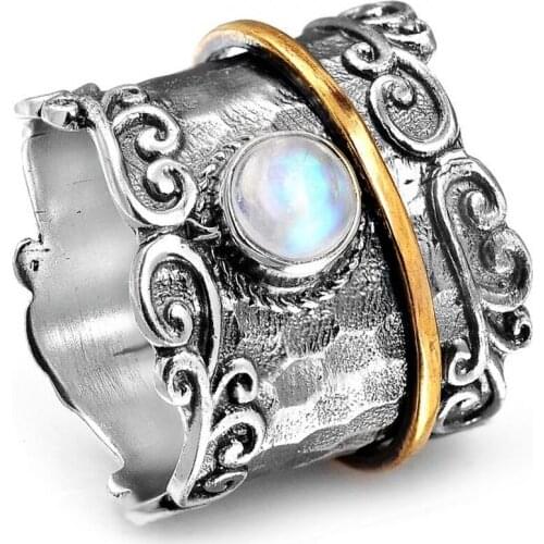 Milangirl Retro Domineering Wide Face Two-tone Pattern Moonstone Ring jewelry for women rings Metal