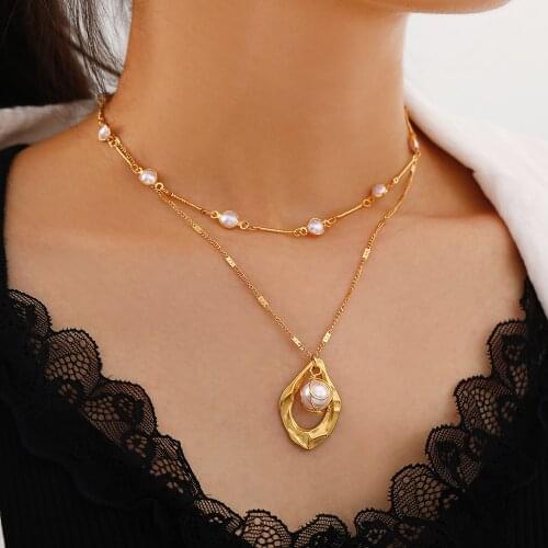 316L Stainless Steel Fashion Fine Upscale Jewelry Gold Color 2 Layer Pearl Drop Shape Pendants Charms Chain Necklaces For Women