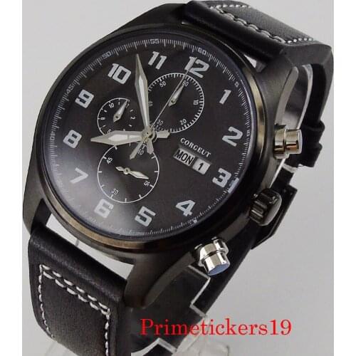 CORGEUT 42mm black PVD plated quartz movement men watch chronograph day week display black leather strap solid back