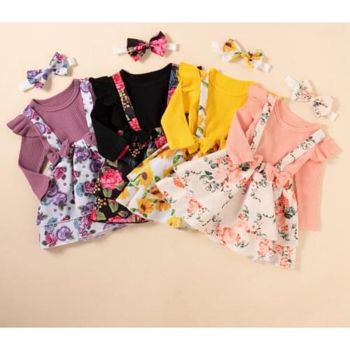2021 Autumn Girls Casual Two-piece Clothes Set Solid Color Fly Sleeves Pullover and Floral Printed Pattern Suspender Skirt