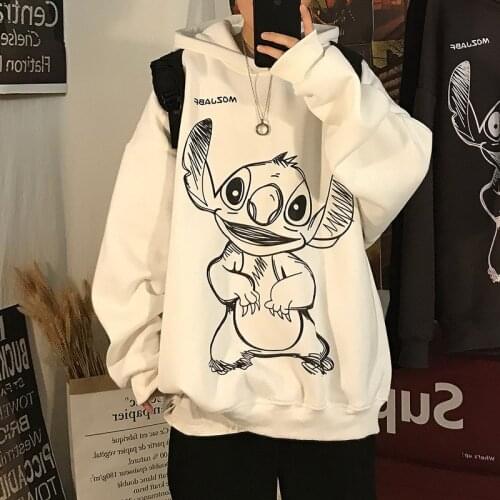 Disney Autumn Winter Hoodies Kawaii Cartoon Stitch Anime Sketch Warm Thicker Letter Printed Loose Vintage Sweatshirts Sudadera