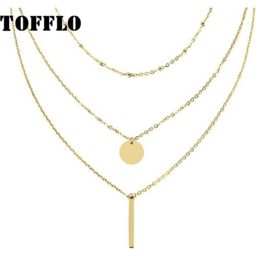 TOFFLO Stainless Steel Jewelry Multi Layer Stacked Geometric Disc Round Brand Long Necklace Cavicle Chain BSP275