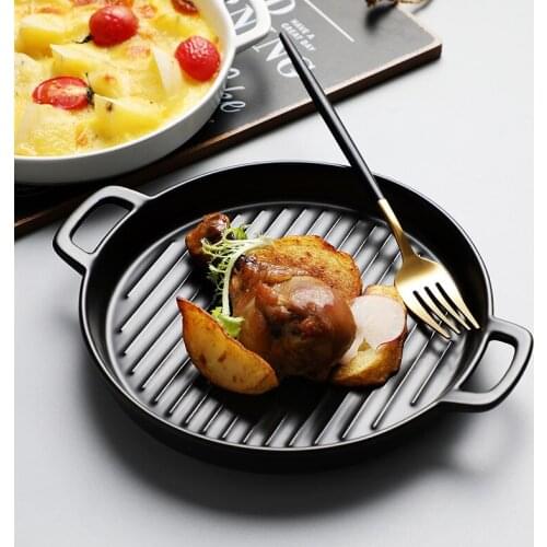 Nordic Ceramic Binaural Pizza Dish Round Steak Plate Creative Kitchen Tableware Microwave Oven Flat Dessert Plate Baking Tools