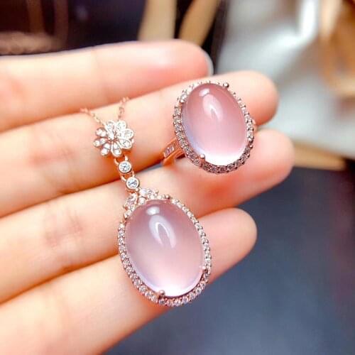 Wedding Best Gift Quartz Jewelry set Natural And Real Rose Quartz Set 925 sterling silver 1pc ring,1pc Pendant