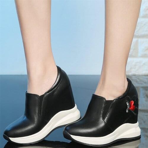 Platform Oxfords Shoes Women Slip On Genuine Leather Wedges High Heel Ankle Boots Female Round Toe Fashion Sneakers Casual Shoes