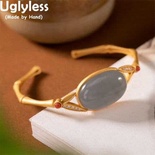 Uglyless Oriental Flavor Bamboo Bangles for Women Crystals Bamboo Leaves Ethnic Jewelry Natural Agate Jade Bangles 925 Silver