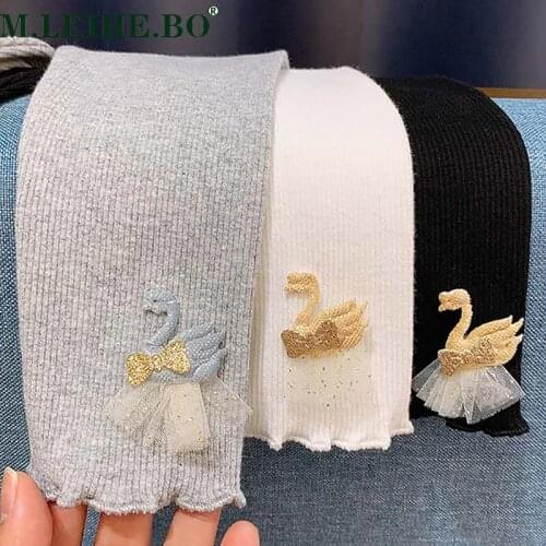Spring Girls Leggings Cotton Trousers Fille Kids Pants Girls Pants Swan Embroidery Cartoon Pattern Children Leggings Trousers