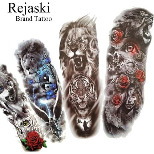 Rejaski Tribal Lion Tiger King Temporary Tattoo Sticker Full Arm Body Art Fake Tattoos For Men Women Disposable Henna Tatoos Leg