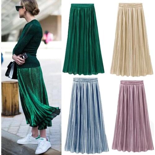 Spring Summer Pleated Skirt Womens Vintage High Waist Skirt Solid Long Skirts New Fashion Metallic Skirt Female
