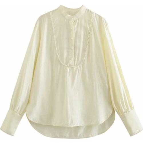 ZA Fashion 2021 Spring Women Solid Vintage Shirt Long Sleeve Pearl Buttons Trim Ladies Tshirt Mujer Chic Tops