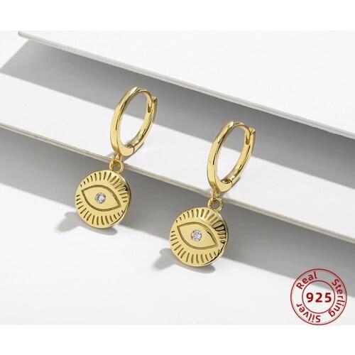 Vintage Evil Eyes Zircon Round PendantEarrings for Women Punk Small Gold Huggie Ear Hoops 925 Sterling Silver Jewelry