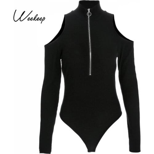 Weekeep Women Black Off Shoulder Bodysuit Autumn Zipper Turtleneck Long Sleeve Bodysuits Bodycon High Street Sexy Romper Women