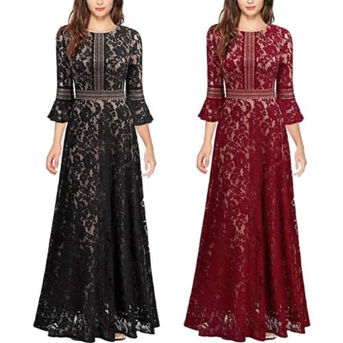 Women High Waist Lace Dress Half Sleeves Pleated Long Dress Elegant Women Ladies Bridesmaid Wedding Party Dress Maxi Long Dress