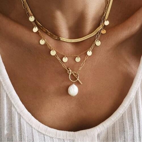 Punk Multilayer Gold Silver Chunky Snake Chain Choker Necklace for Women Fashion Round Pearl Pendant Necklace OT Button Necklace