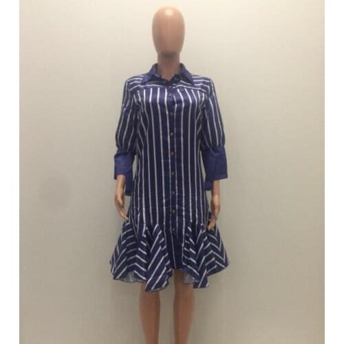 Women Striped Dress Autumn 3/4 Sleeve Stand Collar Ruffles Hem Loose Party Sweet Ladies Pink Vestido Long Shirt Dress