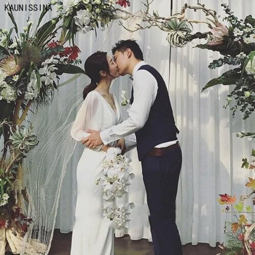 KAUNISSINA Simple Style Wedding Dresses Beach Bridal Gowns Deep V-Neck Long Sleeve White Boho Wedding Party White Dress