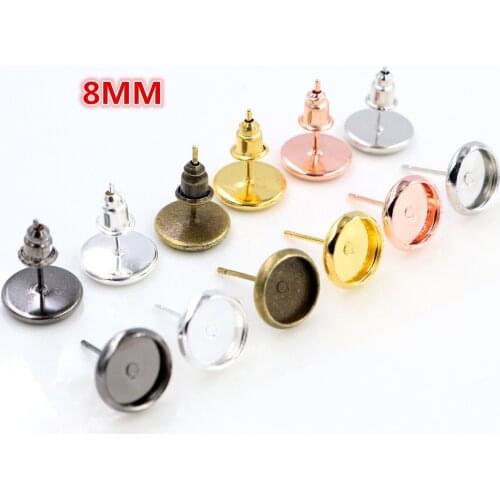 100pcs/lot 8mm High Quality Copper metal 6 Color Ear Studs Earring Base Findings Cabochon Setting Accessories (Free Back)