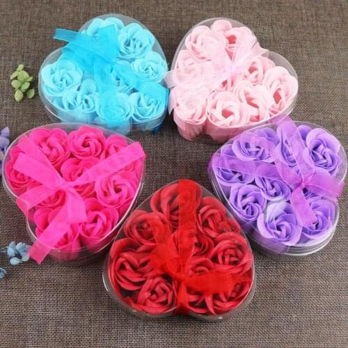 9Pcs Rose Flower Heads Per Box Soap Flower Heart Shape Gift Box Scented Bath Body Petal Rose Flower Valentines Gift