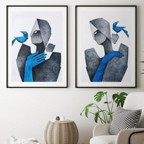 Abstract Blue Bird Canvas Painting Women Poster and Print Modern Lines Wall Art Picture for Living Room Home Decor No Frame