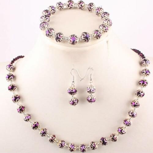 Free Shipping new 2014 Fashion Style Purple Crystal Glass Metallic Faceted Bead Earrings Bracelet Necklace 1 Set BV85