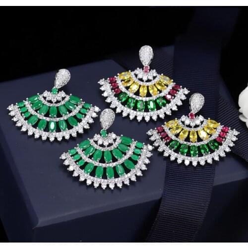 Brazil Style Arete Noble Matte Green& Golden Crystal Paved Jewelry Luxury Cubic Zircon Wedding Stud Earrings Fan Shaped Brincos