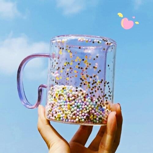 Japan Korean style ins girl pink glass Double layer Heat-resistance watter bottle kawaii Bubble Cup Insulation Milk Juice Mugs