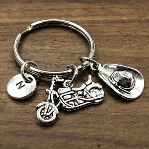 Motorcycle Keychain, Motorcycle Cowboy hat Charm Keychain, Initial Charm, Silver Plated Initial Charm, (A-Z) Custom Keychain
