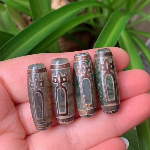 1PC 30mm God of Wealth Natural Tibetan Dzi Agates Beads Vintage Buddha Jewelry Grey Green Agat Stone Beads for Women Men Healing