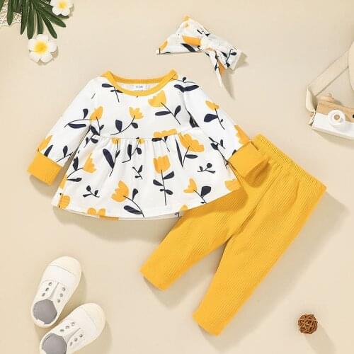 Baby Girls' New Spring and Autumn Floral Dress and Pants Two-piece Suit Kids Print Fashion Clothing Sets