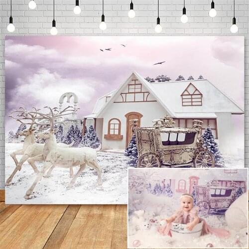 Pink Cake Smash Children Birthday Backdrops Winter Snow Christmas Photographic Studio Photo Backgrounds Elk White House Decor